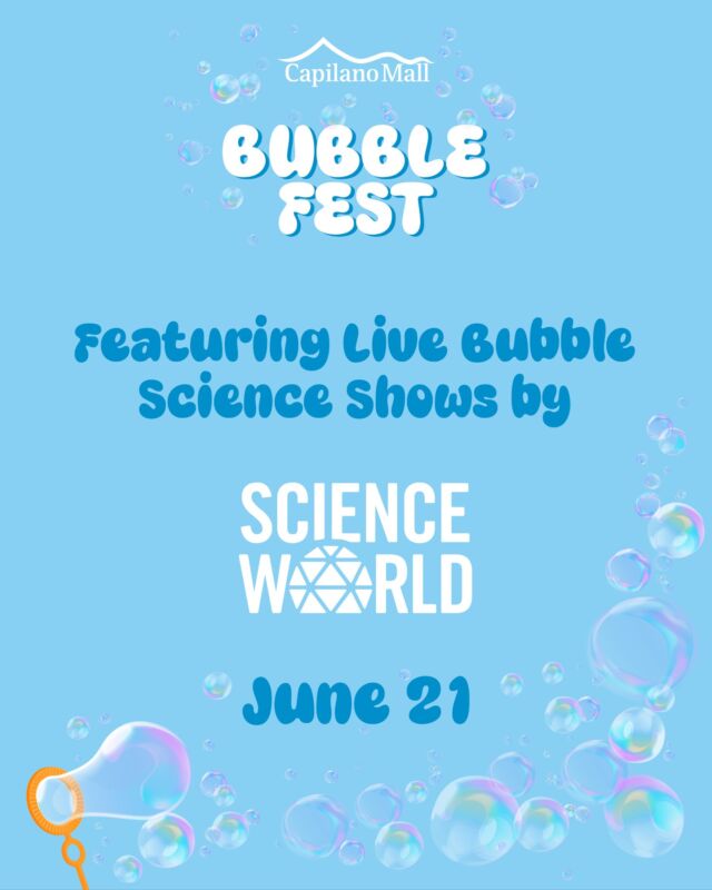 🫧POP into Summer with Science World at Bubble Fest!🫧⁠
⁠
Capilano Mall’s Bubble Fest is bubbling over with fun on Saturday, June 21 from 11 AM to 4 PM in the Grand Court! We’re thrilled to welcome the Science World - On the Road team for live Bubble Science Shows! @scienceworldca will be bringing fascinating bubble science to the Grand Court in an engaging, educational experience for all ages.✨️⁠
⁠
There’s even more to enjoy throughout the day: complimentary face painting and balloon art, a whimsical Giant Bubble Photo Op, a live bubble performance by Ash Bubblez, a bubble-inspired craft station where kids can make their own bubble wand, and an immersive Inflatable Bubble Dome. ⁠
⁠
This free, family-friendly event is packed with playful moments and science-fueled fun—don’t miss the biggest pop of the summer!⁠

Tap the 🔗 in bio for all the details — you won’t want to miss this day of bubbly fun!
⁠
#familyfun #northvancouverkids #kidsofnorthvancouver #capilanomall #scienceworldevents #bubblefest #summerfun #northvancouver #scienceforkids #scienceworldca #scienceworldontheroad